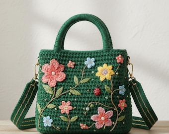 Botanical Meadow Crochet Handbag Pattern | Beginner Crochet Bag PDF with Embroidered Flowers