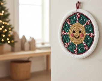 Gingerbread Smile Holiday Hanging Crochet Pattern PDF | Round Ornament with Candy Canes & Fuzzy Border