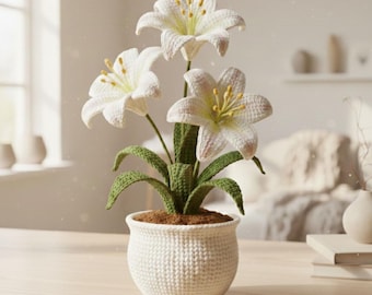 Crochet White Lily Plant Pattern Textured Pot Decorative Houseplant PDF