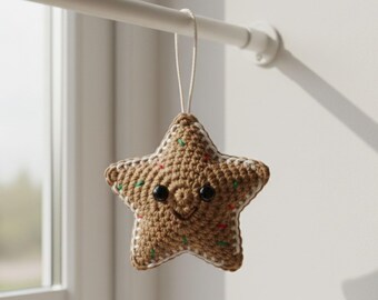 Gingerbread Star Ornament Crochet Pattern PDF | Beginner Amigurumi | Icing Outline & Sprinkles | Charted