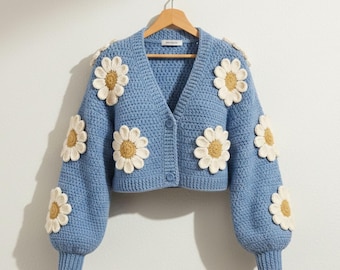 Crochet Cardigan Pattern Blue Daisy Appliqué Cropped Balloon Sleeve Sweater PDF