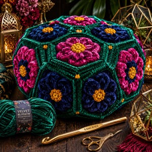 Puede incluir: Un puf hexagonal hecho de hilo de terciopelo verde oscuro, con grandes motivos florales en magenta y azul marino con centros amarillos. Una madeja de hilo de terciopelo verde con la etiqueta Velvet Blossom, un ganchillo de 6,5 mm y tijeras doradas.