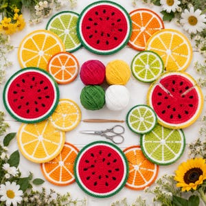 May include: A selection of crocheted fruit-shaped coasters, featuring watermelon, orange, lemon, and lime designs. The coasters are arranged with balls of yarn, a crochet hook, and scissors. The colour scheme is vibrant and summery, perfect for a kitchen.