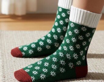 Evergreen Snowfall Crochet Sock Pattern PDF Snowflake Colorwork Cuff Down Design