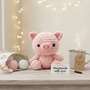 Puede incluir: Un cerdo rosa hecho a mano con ojos negros y un hocico detallado está sentado sobre una superficie de madera. Junto a él hay una taza con una etiqueta que dice "Handmade with". También hay una tarjeta con las palabras "Handmade with Love".