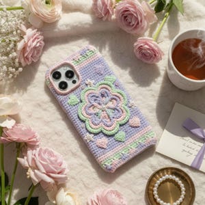 Puede incluir: Una funda de teléfono de ganchillo lavanda con un diseño floral en rosa, verde y lavanda. La funda presenta un patrón de corazón y flor. La funda está rodeada de rosas rosas y una taza de té.