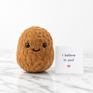 Pode incluir: Um personagem marrom, de pelúcia, sorrindo com olhos pretos. Ao lado, um cartão branco com o texto "I believe in you!" e um coração rosa. O personagem tem uma superfície texturizada.