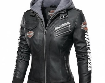 Dames Harley Davidson leren bikerjack met capuchon, gemaakt van echt rundleer, geborduurd HD Gear-logo, zwarte motorjas, ideaal cadeau voor haar.