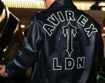 Black Avirex LDN Leather Bomber Jacket Genuine Cowhide Varsity Biker Jacket Premium Streetwear Fashion Outerwear Gift for Him/Her