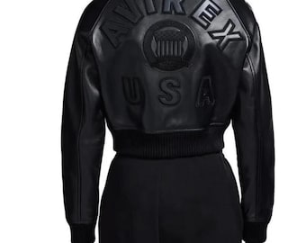Black Avirex Cropped Bomber Leather Jacket Genuine Cowhide Varsity Biker Coat Premium Quality Streetwear Fashion Outerwear Best Gift for Her