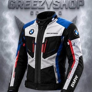 May include: A black, white, and blue motorcycle jacket featuring the BMW Motorrad logo on the chest and sleeves, red accents on the front pockets, a high collar, a full-length front zip, and the text GREEZYSHOP CO printed in the background.