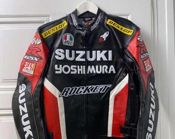 スズキ モーターサイクル レザージャケット、レッド＆ブラック 牛革