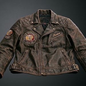 Puede incluir: Una chaqueta de moto de cuero marrón desgastado con paneles acolchados en los hombros, cuello de solapa y cremallera central. La chaqueta muestra un parche con el logo de Indian Motorcycle en el pecho, un parche Chief en la manga y el logo Indian.