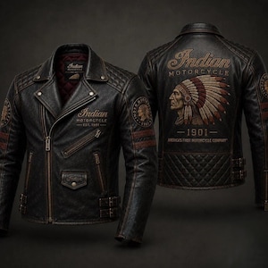 Peut inclure: Une veste de moto en cuir noir vieilli avec un intérieur matelassé, des poches zippées et des boucles latérales. L'avant présente la marque Indian Motorcycle, tandis que le dos arbore un grand motif d'une personne portant une coiffe.