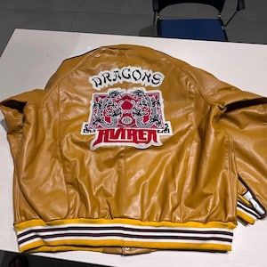 Avirex Dragons Genuine Cowhide Leather Bomber Jacket Men’s 4XL White & Mustard Yellow Varsity Flight Jacket Quilted Lining Best Gift for Him image 1