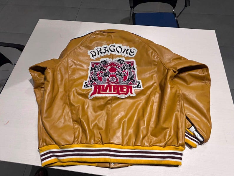 Avirex Dragons Genuine Cowhide Leather Bomber Jacket Men’s 4XL White & Mustard Yellow Varsity Flight Jacket Quilted Lining Best Gift for Him image 1