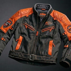Könnte beinhalten: Eine anthrazitfarbene und orangefarbene Motorradjacke mit gesteppten Schulterpartien, mehreren Reißverschlusstaschen und einem Hüftgurt. Brust und Ärmel zeigen KTM Adventure-Logos sowie eine kleine amerikanische Flagge am linken Ärmel.