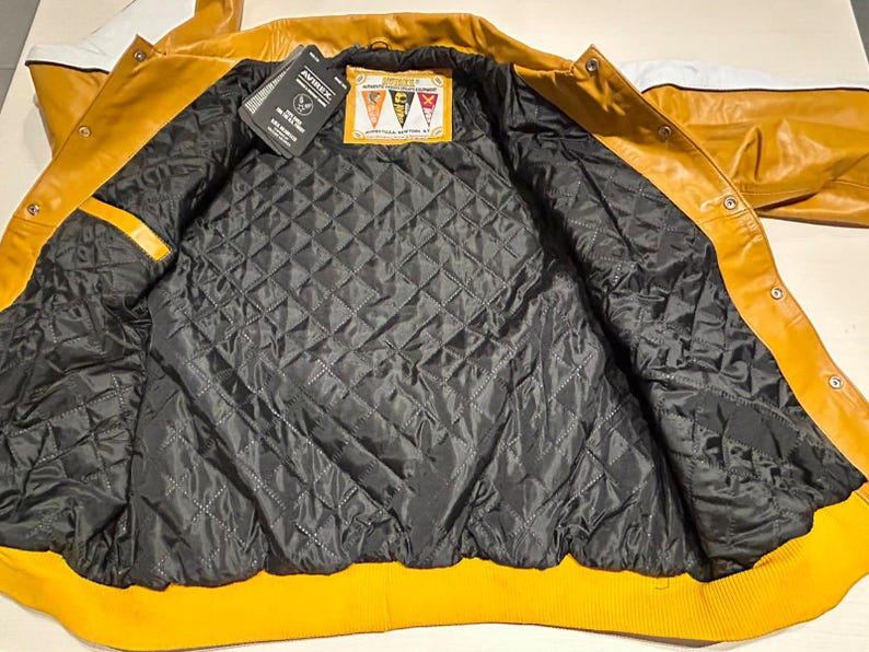 Avirex Dragons Genuine Cowhide Leather Bomber Jacket Men’s 4XL White & Mustard Yellow Varsity Flight Jacket Quilted Lining Best Gift for Him image 5