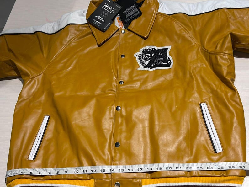 Avirex Dragons Genuine Cowhide Leather Bomber Jacket Men’s 4XL White & Mustard Yellow Varsity Flight Jacket Quilted Lining Best Gift for Him image 3