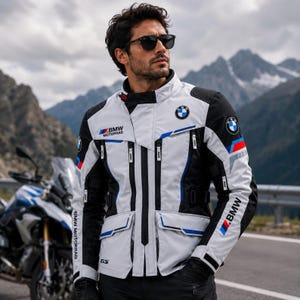Può includere: Una giacca da moto BMW Motorrad bianca, nera e blu con il logo BMW sul petto e sulla manica, e la scritta BMW Motorrad e GS stampata sul davanti. La giacca presenta un colletto alto, diverse tasche con cerniera e dettagli di colore nero.