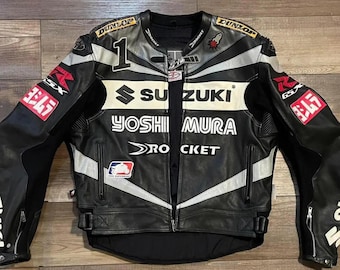 Black Yoshimura Suzuki Racing Leather Jacket – CE Approved Biker