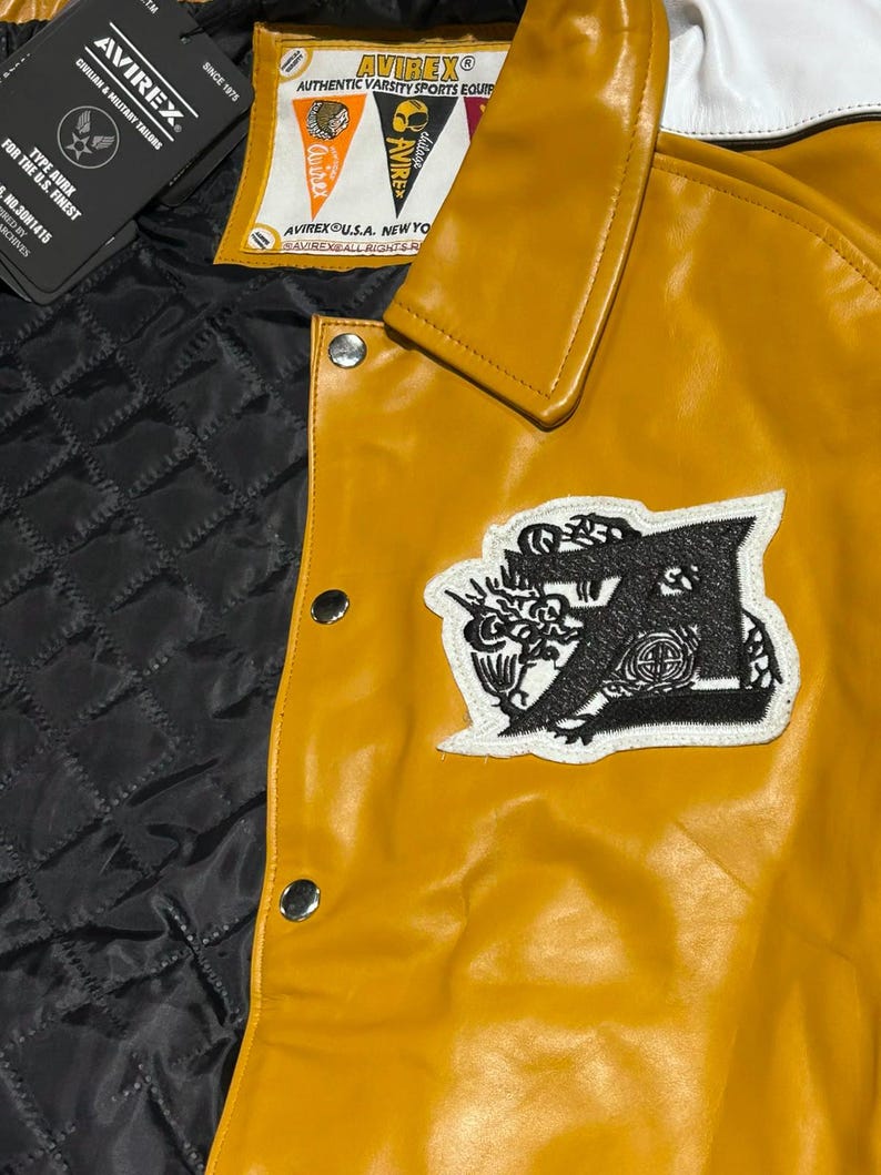 Avirex Dragons Genuine Cowhide Leather Bomber Jacket Men’s 4XL White & Mustard Yellow Varsity Flight Jacket Quilted Lining Best Gift for Him image 6