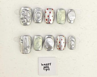 Metallic Silver 3D Flower Press On Nails | Hand Painted Pastel Nails