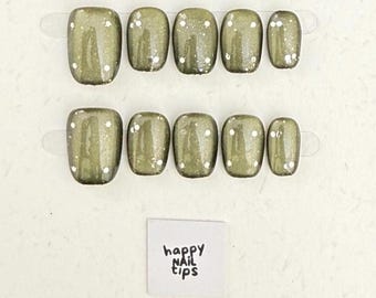 Hand Painted Greyish Green Cat-Eye Press On Nails | Short Square | Handmade