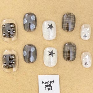 Smoky Grey Mixed Elements Press On Nails | Short Squoval | Plaid, Stars & Studs