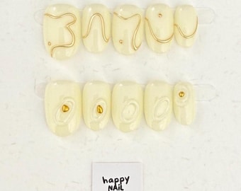 Milky White 3D Gold Accents Press On Nails | Short Oval | Minimalist | Handmade