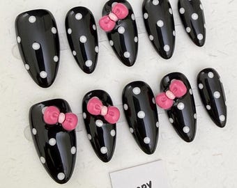 Black Pink Polka Dot Bow Press On Nails | Kawaii Almond Set | Custom Shape Available