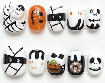 Unhas Postiças Fantasma para o Halloween | Unhas Curtas Assustadoras | Arte de Unhas com Abóbora e Esqueleto