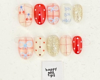 Uñas postizas con lazo a cuadros rojos / Ovaladas cortas / Hechas a mano