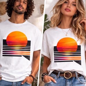 Minimaal geometrisch zon-T-shirtontwerp | Moderne abstracte zonsondergangafbeelding | T-shirt met grafische print in Bauhaus-stijl