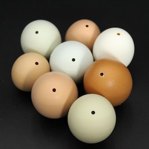 May include: A collection of nine spherical objects in varying shades of white, tan, and brown. Each sphere has a small, dark hole at the top. The objects are arranged closely together against a dark background.