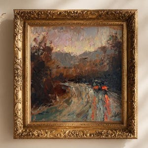May include: An oil painting in a thick, ornate gold frame featuring a landscape with dark trees, a winding path, and bright red accents. The brushwork is heavy and textured, depicting a scene with muted earth tones, soft purple sky, and light.