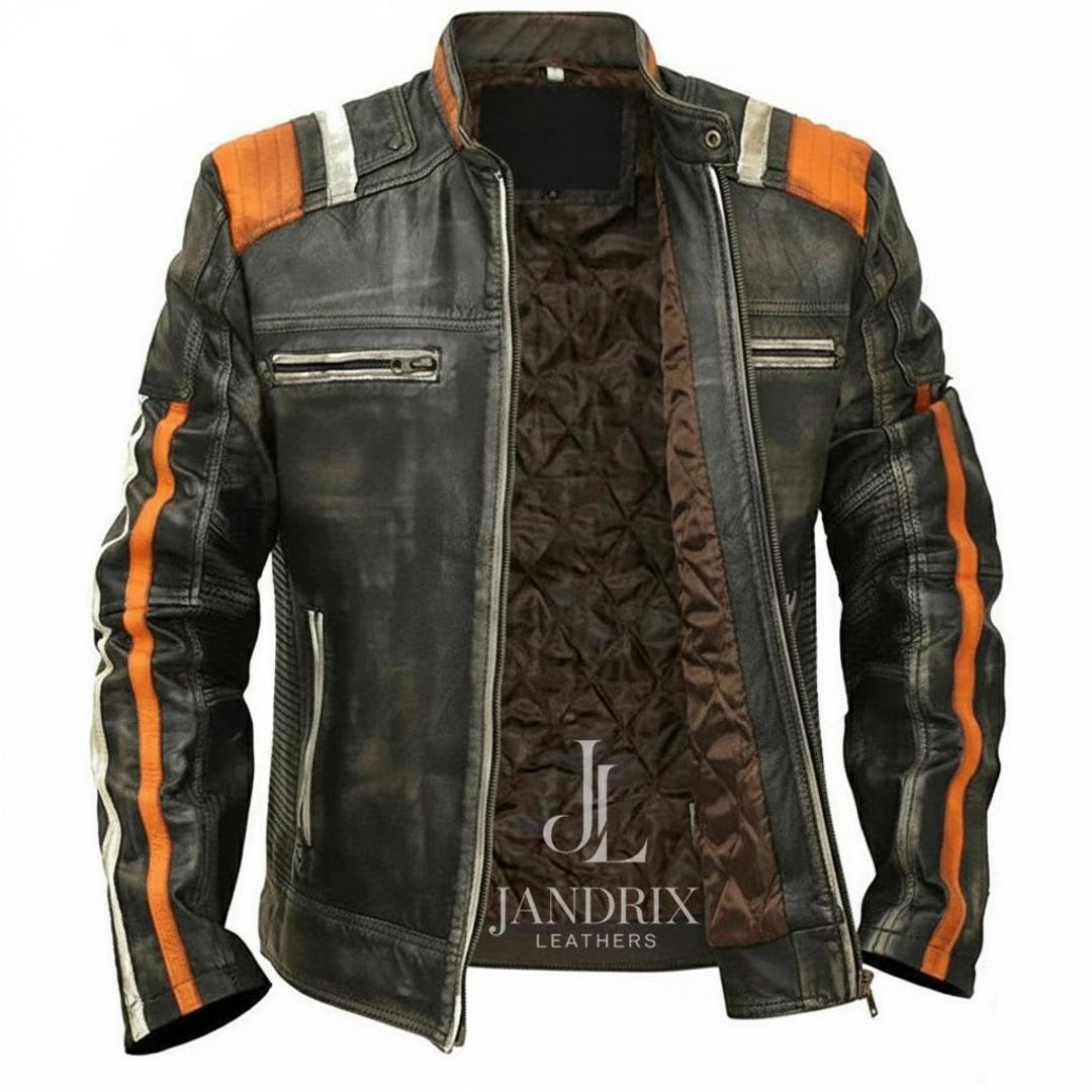 Men's Retro Café Racer Leather Jacket | Vintage Distressed Motorcycle ...
