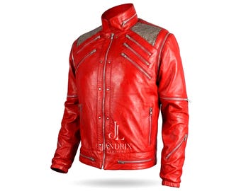 Michael Jackson Beat It Red Leather Jacket | Men's MJ Biker Style Coat