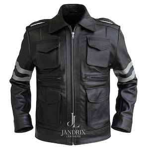 May include: Black leather jacket with a zip-up front, multiple pockets, and a collared neckline. The jacket features silver stripes on the sleeves and the brand name "JANDRIX LEATHERS" at the bottom.