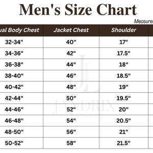 May include: A size chart for jackets, with measurements in inches. The chart includes sizes from 2XS to 5XL, detailing actual body chest, jacket chest, shoulder width, and sleeve length. The text "Men's Size Chart" is at the top.