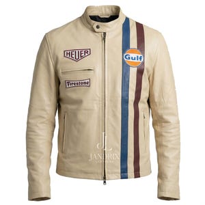 Steve McQueen Le Mans Leather Jacket | Men’s Vintage Gulf Racing Beige jacket