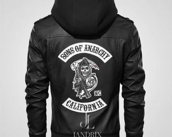 Sons of Anarchy SOA Leather Jacket Men | Samcro Biker Hooded Jacket | Motorcycle Club Bomber Coat | Jax Teller style outfit