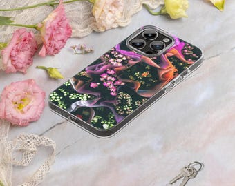 Puede incluir: Una funda transparente para teléfono con un diseño floral que presenta formas abstractas rosas, moradas y naranjas y pequeñas flores blancas. La funda tiene un borde negro y está sobre una superficie de mármol con flores y llaves.