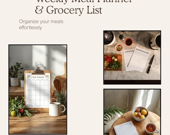 Tygodniowy plan posiłków i lista zakupów | Minimalistyczny organizer kuchenny | Planer menu | Wersja cyfrowa do pobrania