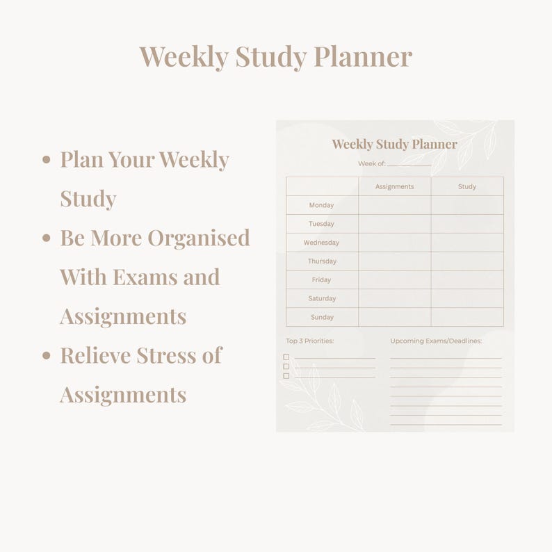 Puede incluir: Un planificador de estudio semanal beige con el t&iacute;tulo "Weekly Study Planner" en la parte superior. El planificador incluye secciones para cada d&iacute;a de la semana, tareas y notas de estudio. Las secciones adicionales incluyen las 3 prioridades principales y los pr&oacute;ximos ex&aacute;menes/plazos.