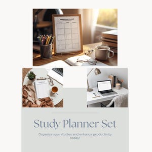 Puede incluir: Un conjunto de planificador de estudios con un planificador de estudios semanal con marco de madera, un port&aacute;til, un cuaderno y una taza de caf&eacute;. El texto "Weekly Study Planner" es visible. El conjunto est&aacute; dise&ntilde;ado para organizar estudios.