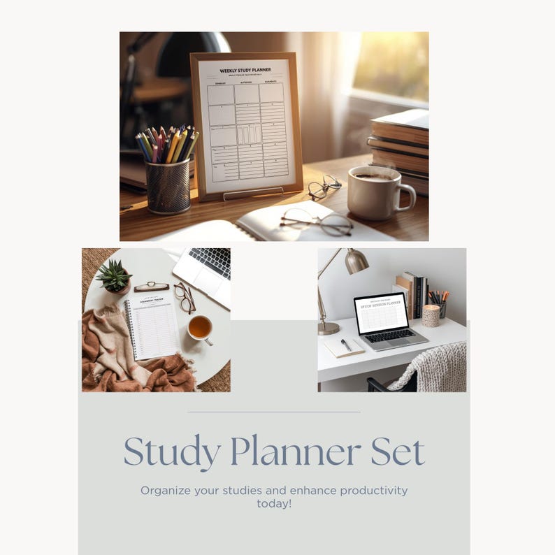 Puede incluir: Un conjunto de planificador de estudios con un planificador de estudios semanal con marco de madera, un port&aacute;til, un cuaderno y una taza de caf&eacute;. El texto "Weekly Study Planner" es visible. El conjunto est&aacute; dise&ntilde;ado para organizar estudios.