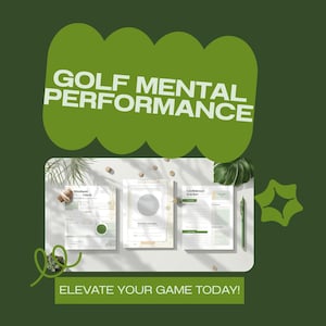 Puede incluir: Un gráfico verde y blanco con el texto "GOLF MENTAL PERFORMANCE" y "ELEVATE YOUR GAME TODAY!". La imagen presenta tres hojas de papel con las palabras "Mindset Check" y "Confidence Tracker".
