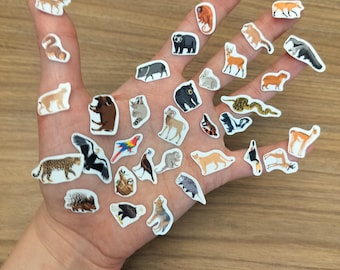 May include: A collection of animal stickers, including a leopard, parrot, and bear, are displayed on a hand. The stickers feature various wildlife illustrations with white borders. The background is a light brown wooden surface.