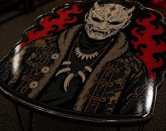 Handmade Japanese Oni Mask Coffee Table, Wooden Demon Art Furniture, Gothic Decor